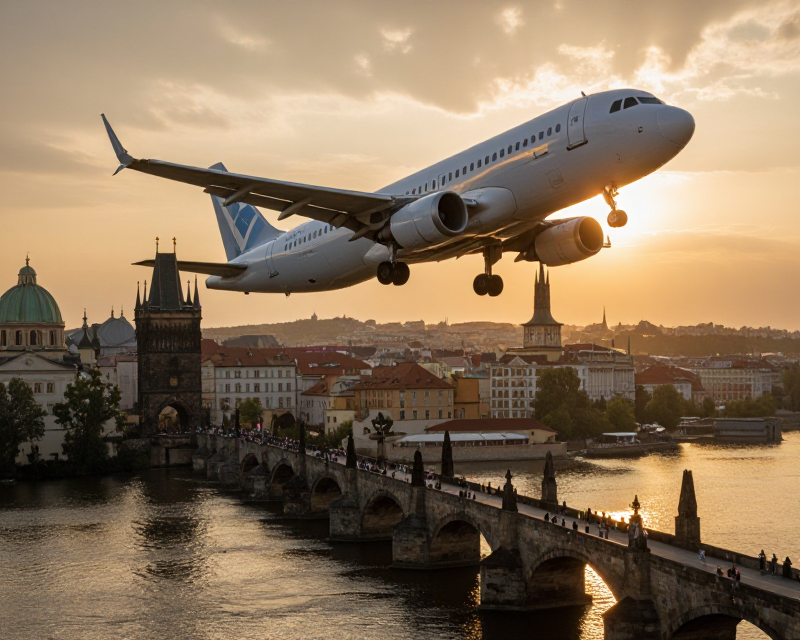 Commercial airplane over Prague